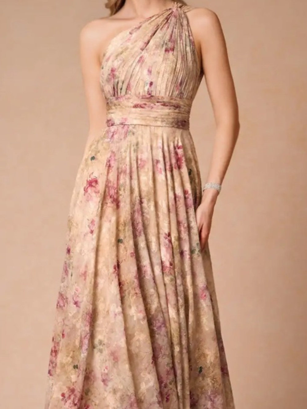 NWT Azazie, One-Shoulder Evening Gown, Blush Cream hints of dark green & burgady